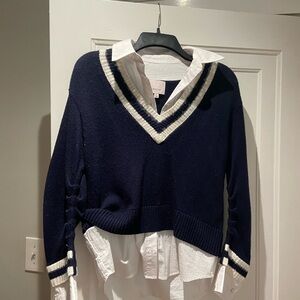 Cinq a Sept Navy V-Neck Sweater with Cream Trim poplin style shirt sweater.